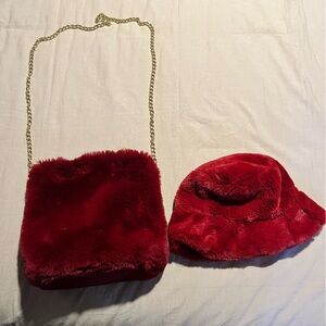 Burgundy fur purse and hat combo set